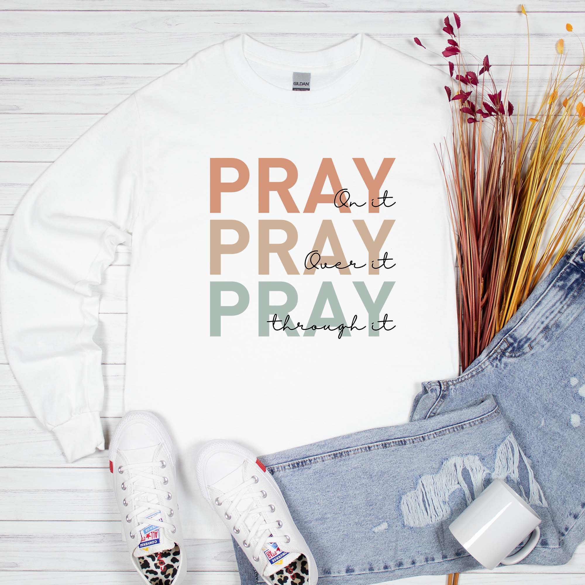 Daily Prints - Wholesale Screen Printed T-Shirt - Women's - Pray On It Over It Through It Christian T-Shirt0