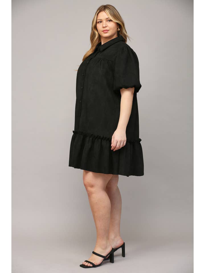 Black FAUX SUEDE BUTTON FRONT SHORT PUFF SLV DRESS FD33007P for wholesale on Faire