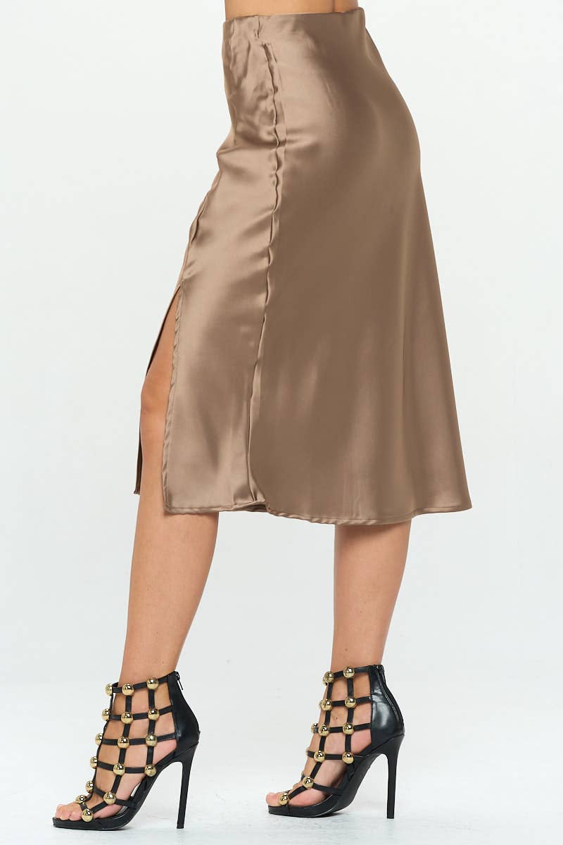 DUNE Made in USA Jupe mi-longue en satin extensible uni avec fente en vente sur Faire2