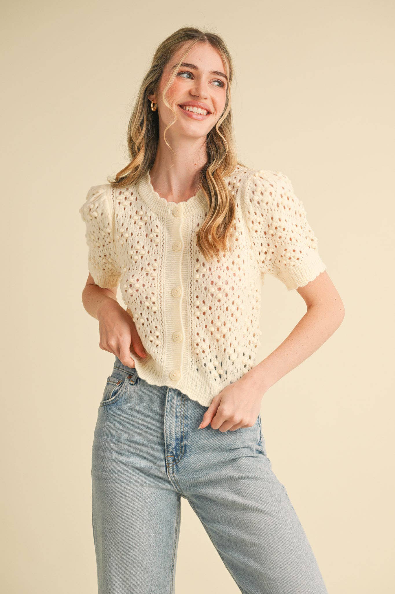 &MERCI - Wholesale Cardigan - Women's - CROPPED POINTELLE BUTTON DOWN SWEATER CARDIGAN MSW108570