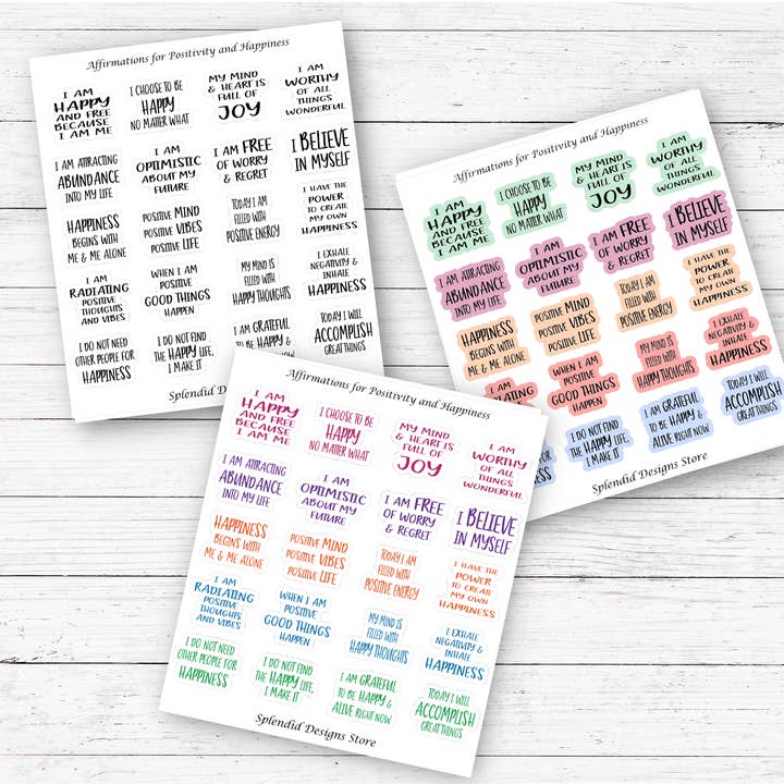 Splendid Designs Store - Wholesale Sticker - Positive Affirmations for Happiness Sticker Sheet1