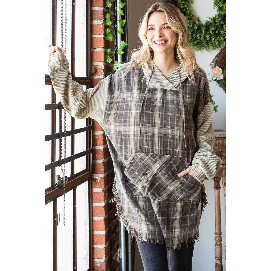 Oli&Hali - Vente Sweat à capuche – femme - PULL À CAPUCHE À CARREAUX DÉLAVÉ AVEC OURLET BRUT ET MANCHES LONGUES5