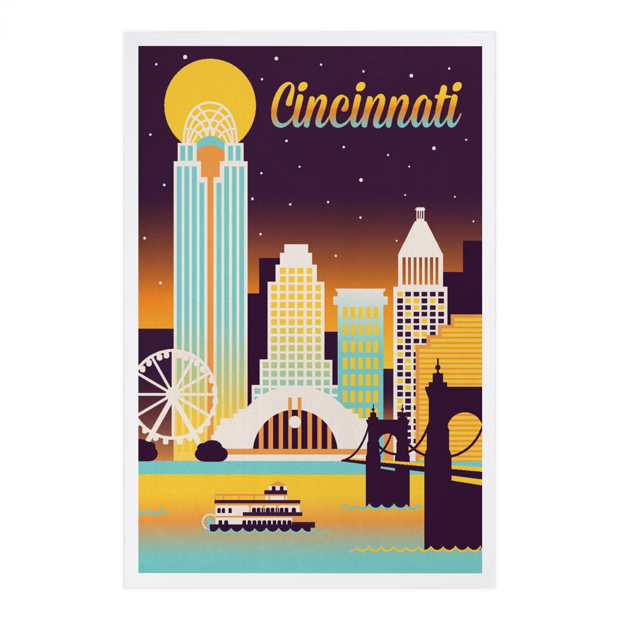 Lantern Press - Vente Cartes postales - CARTES POSTALES PREMIUM Cincinnati, Ohio, Skyline Rétro Chromatique0
