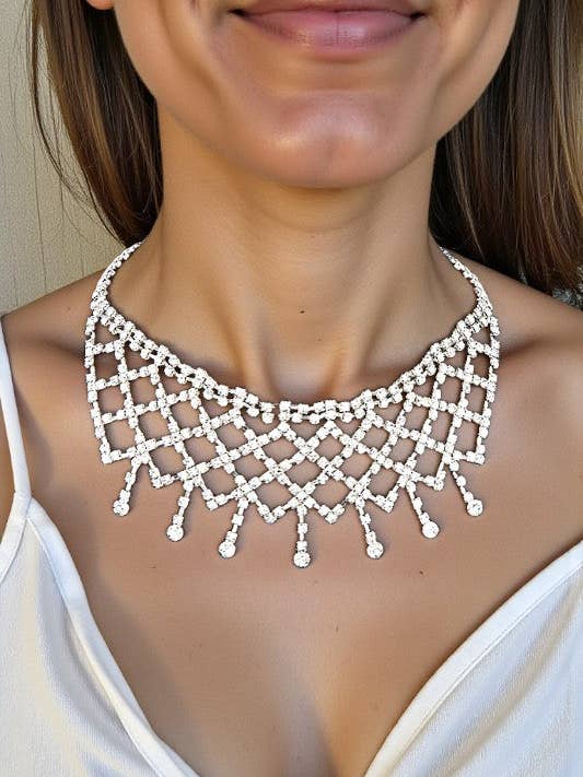 RHINESTONE PAVE FRINGE NET COLLAR STATEMENT NECKLACE for wholesale by LA Bijoux