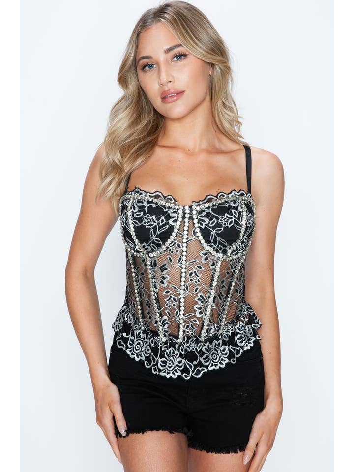 Lydia USA - Wholesale Corset - Women's - L4102 FLORAL LACE W/ RHINESTONE & SCALLOP DETAIL CORSET1