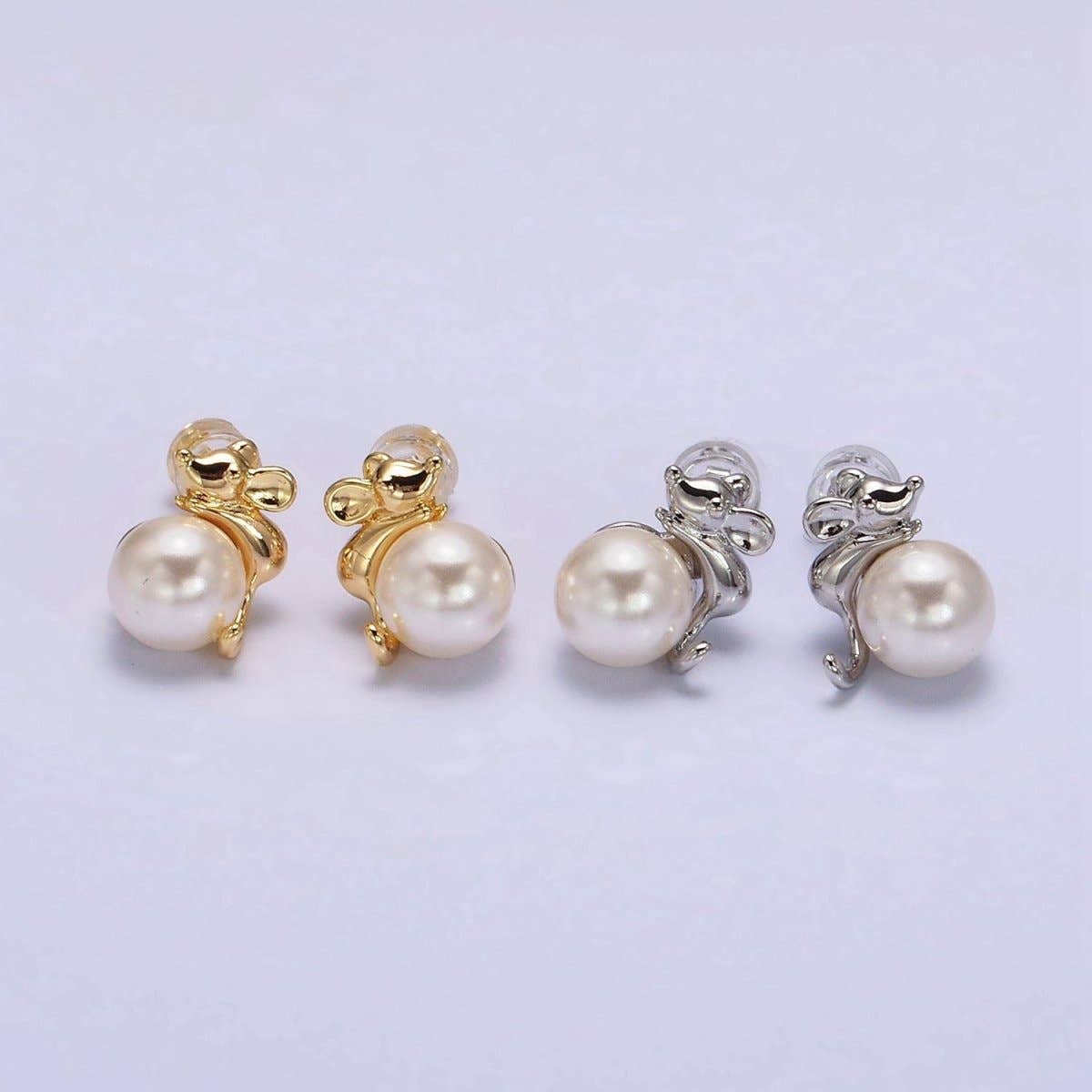 Aim Eternal – wholesale Stud/post earrings – 16K Gold Filled Round White Pearl Mouse Mice Animal Stud Earrings in Gold & Silver | AE556 AE5575