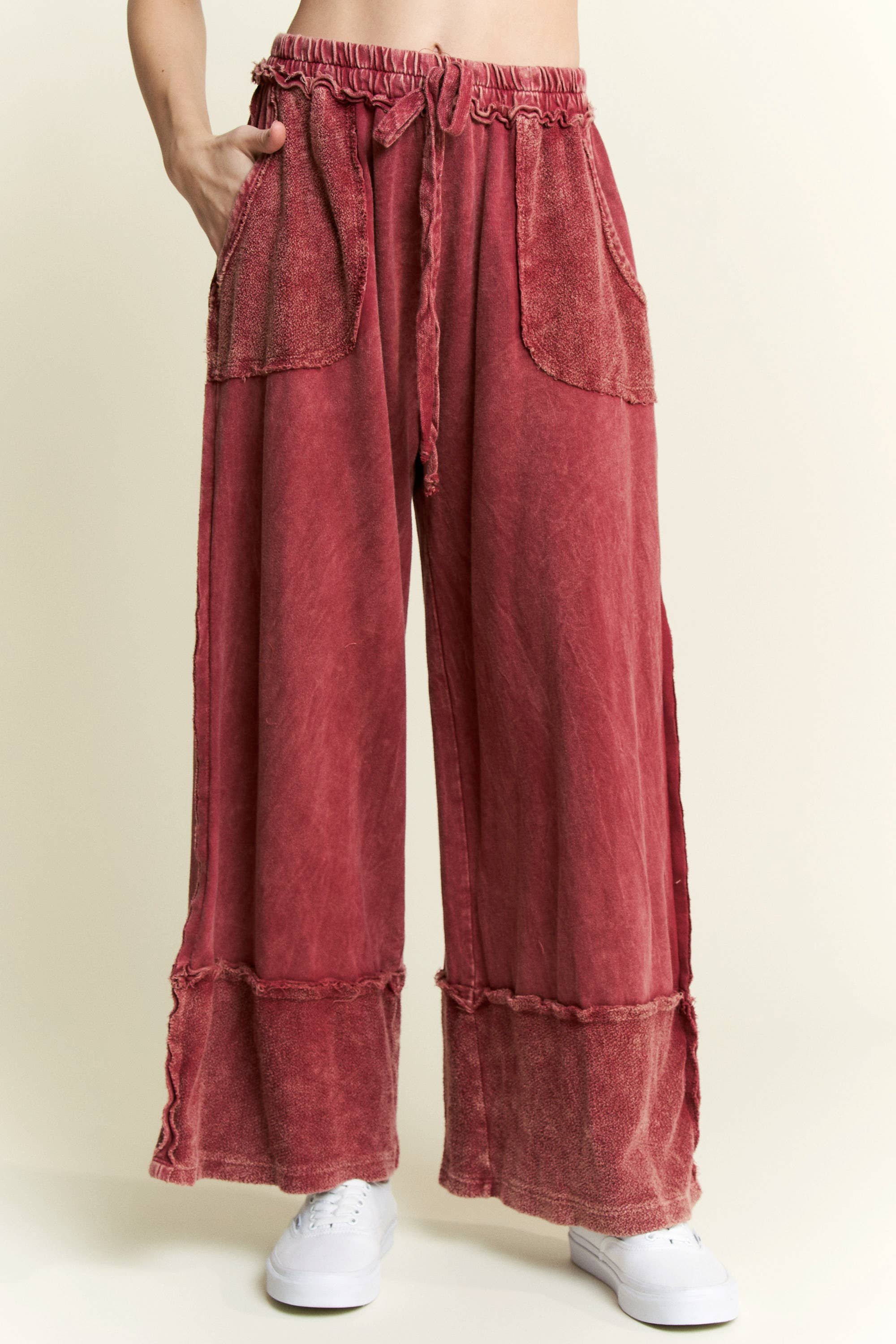 J.Her - Wholesale Pants - Women's - MineralWash Wide Pants with raw hem frayed details HP553611