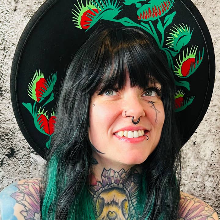 Witchwood Bags – wholesale Fedora – Women’s – Vegan Felt Wide Brim Hat - XL Brim - "Venus Fly Traps"