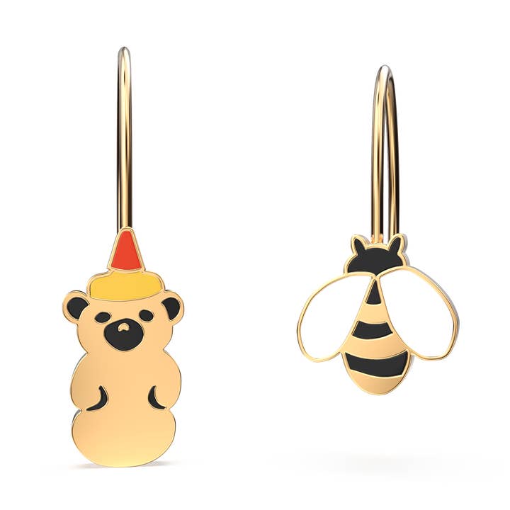 Honey Bear + Honey Bee Earrings - Gold Statement Jewelry for wholesale by Yellow Owl Workshop