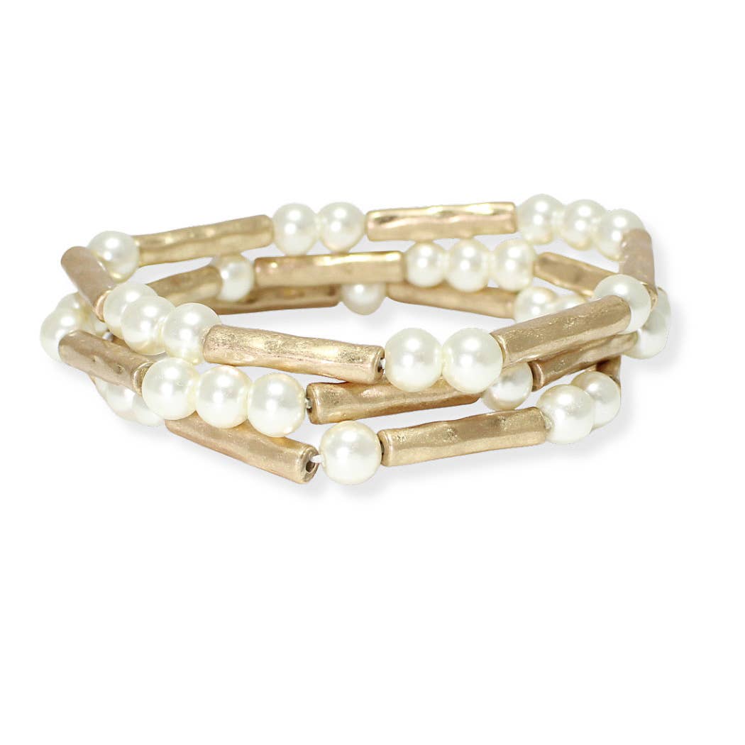SOPHIA WHOLESALE – wholesale Beaded bracelet – Hammered metal accent multi layered pearl stretch bracelet3