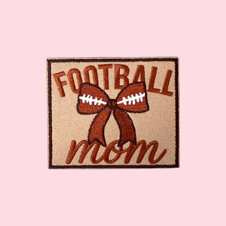 Football Mom with Bow Embroidered Small Iron On Patch for wholesale by Rosie Posie Patches
