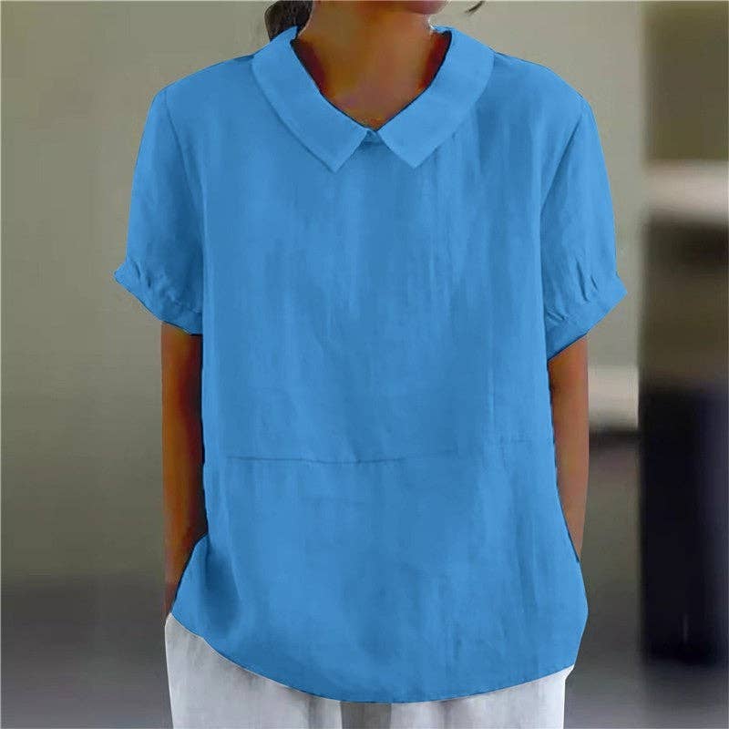 FurDecoration - Wholesale Blouse - Women's - Loose Fit Solid Color Wide Lapel Short Sleeve Shirt4