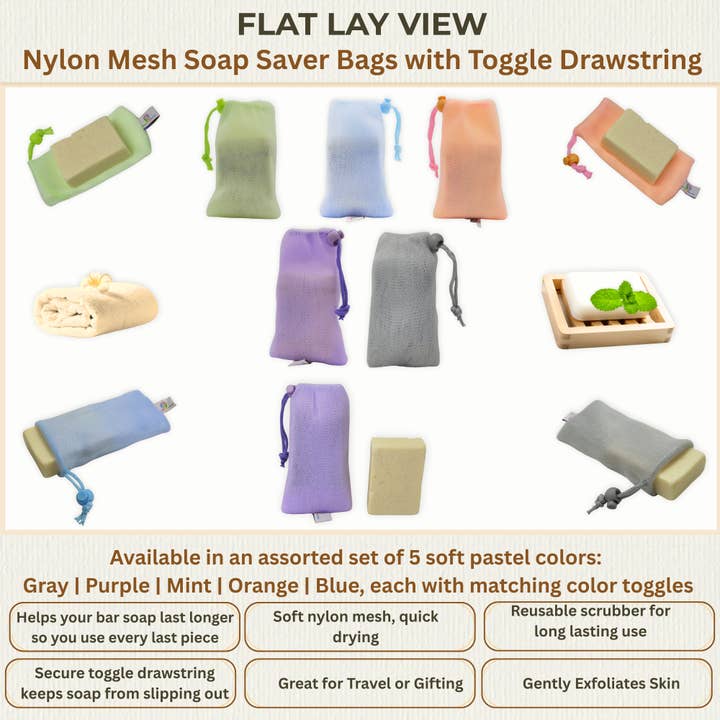 Beauty Blisss - Wholesale Soap Pouch/Sack/Bag - Nylon Mesh Soap Saver Bags with Toggle, 5 and 10 Pack Sets4