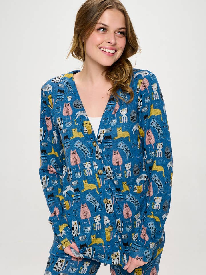 COLORFUL CAT PRINT CARDIGANS BLUE for wholesale by SM WARDROBE