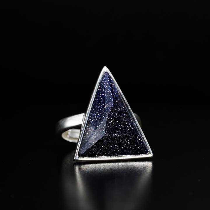 Black Feather Design – wholesale Cocktail/statement ring – Geometric Blue Goldstone Ring - 925 Silver - Adjustable4