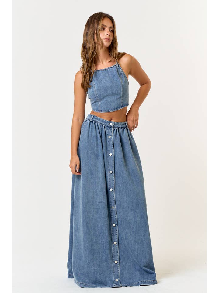 MEDIUM WASH IBS30944 DENIM HALTER BACK TIE CROP TOP AND MAXI SKIRT SET for wholesale on Faire