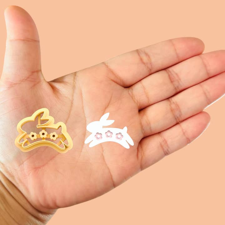 Easter Bunny with Flowers Polymer clay cutter for wholesale by Roussell Prints and Demand LLC