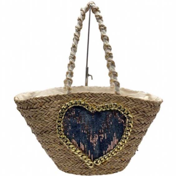 22168 Embellished Denim Heart Summer Beach Straw Bag Loowie for wholesale by LOOWIE