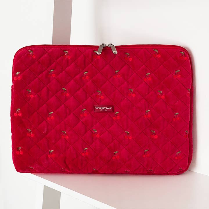 Quilted Cherry Velvet Laptop Sleeve for wholesale by Coconut Lane