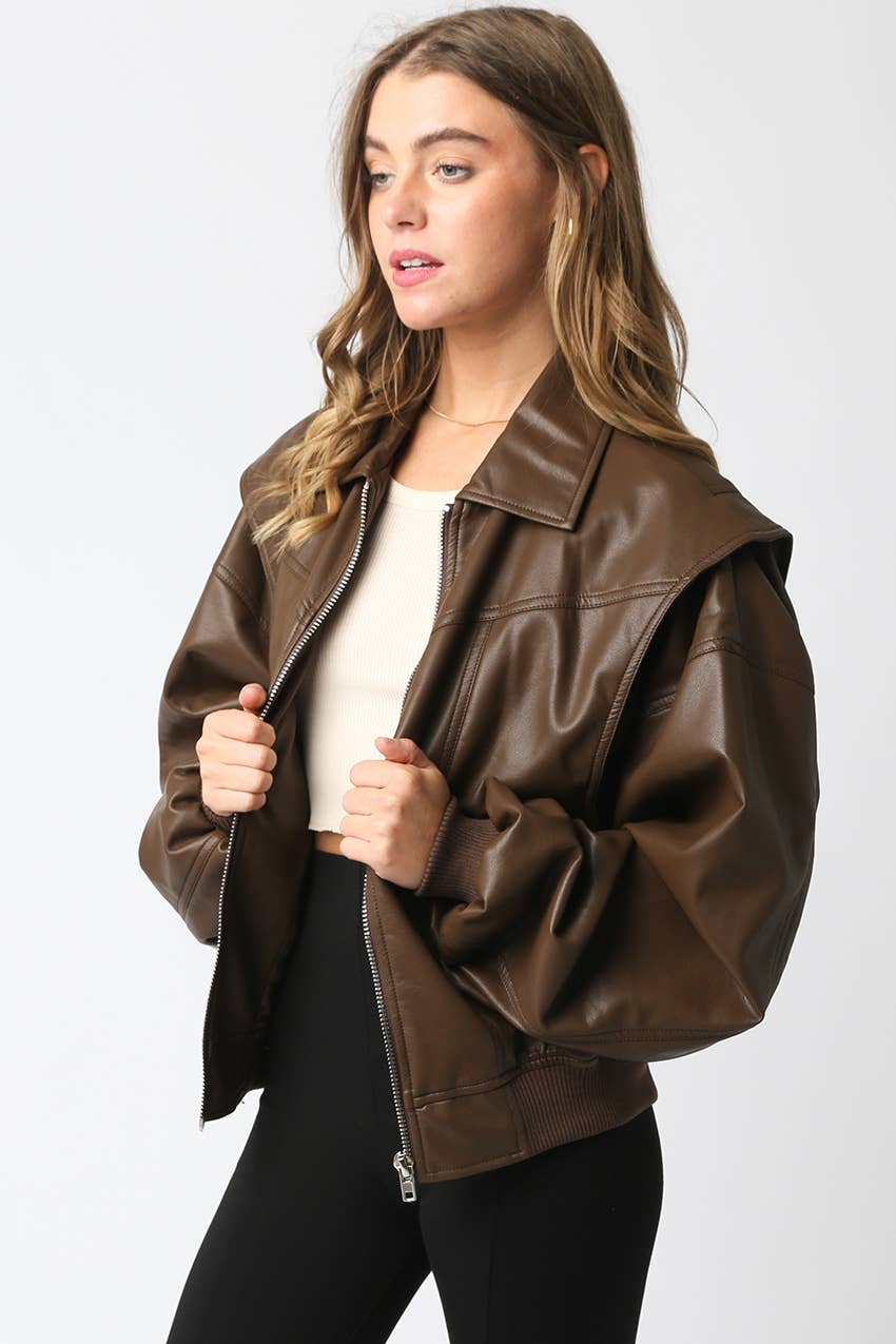 Olivaceous - Wholesale Bomber Jacket - Women's - Kaylee Pu Bomber Jacket6