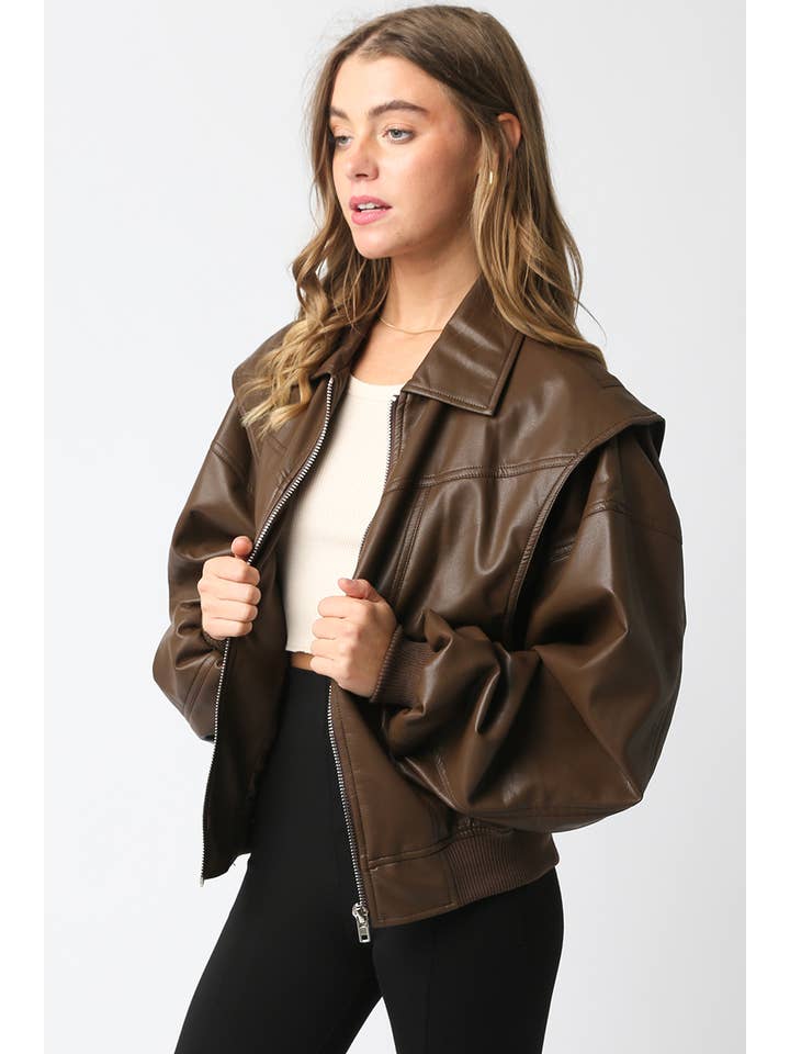 Olivaceous - Wholesale Bomber Jacket - Women's - Kaylee Pu Bomber Jacket6