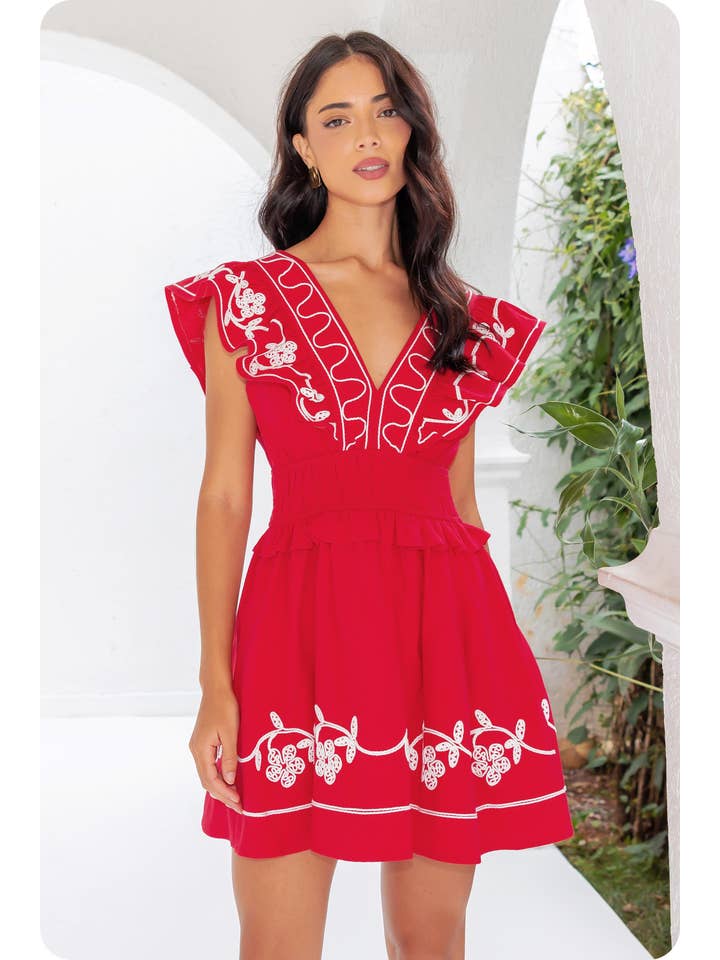 Strut & Bolt - Wholesale Dress - Women's - Embroidery Detail Ruffle Linen Mini Dress22