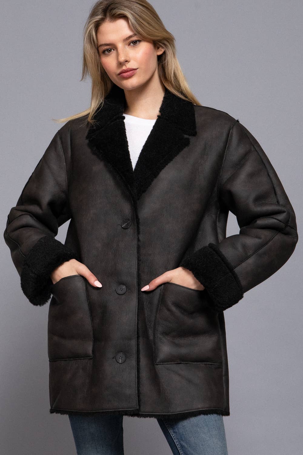 Active Basic | Active USA - Wholesale Leather Jacket - Women's - Lapel Collar Button Down Double Sided Faux Leather Coat9
