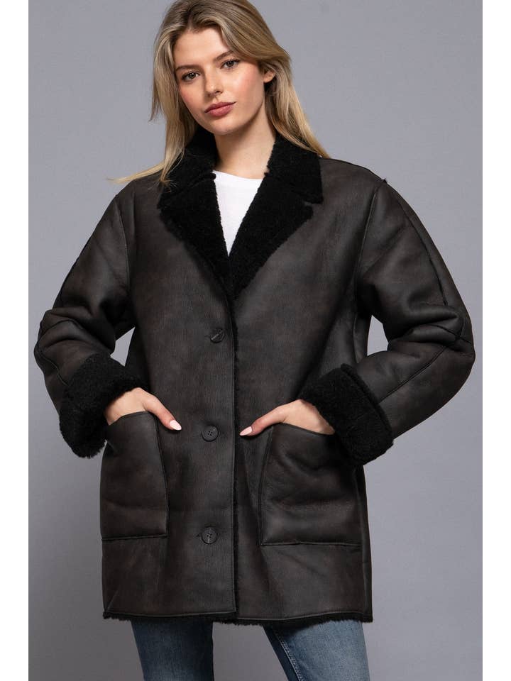 Active Basic | Active USA - Wholesale Leather Jacket - Women's - Lapel Collar Button Down Double Sided Faux Leather Coat9