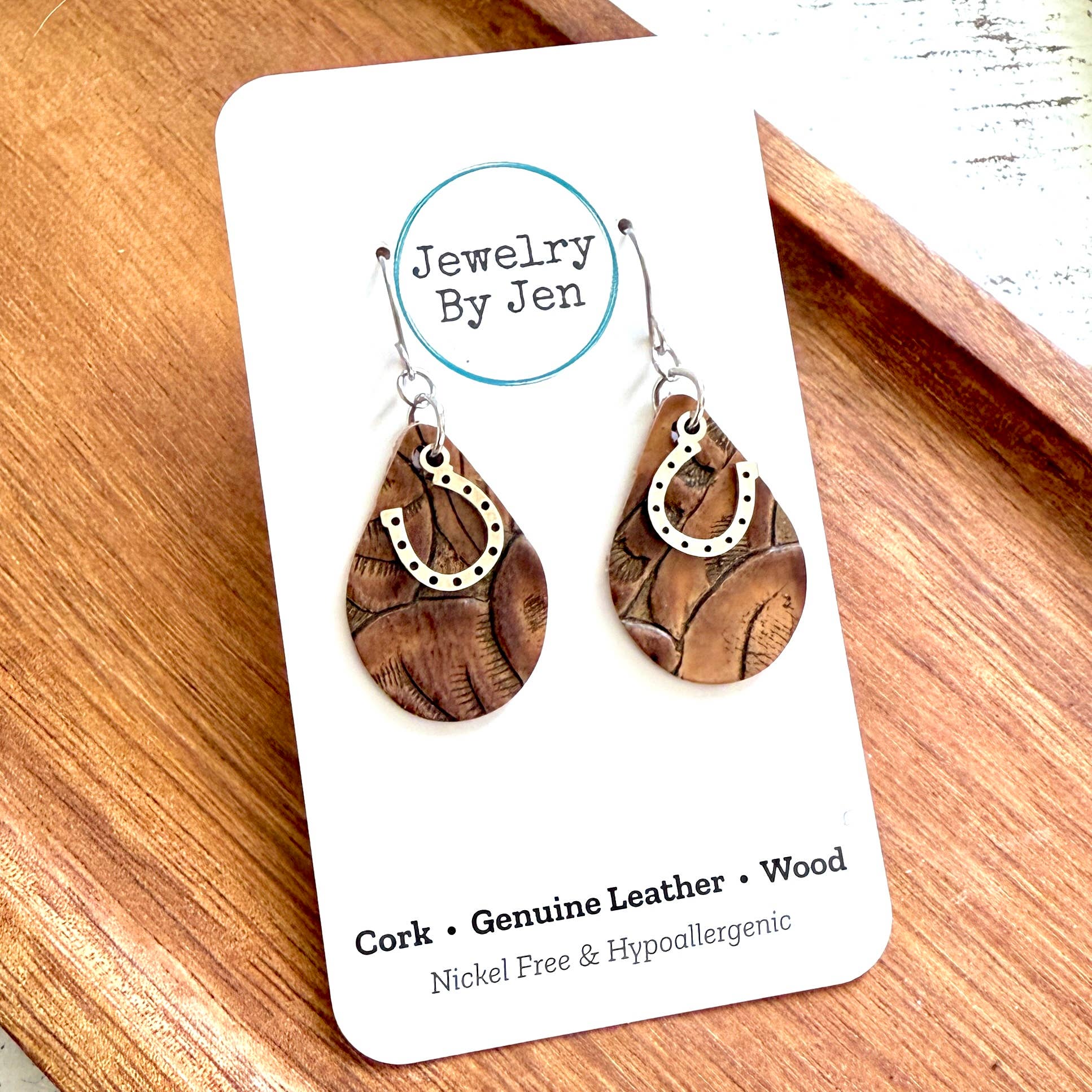 Jewelry By Jen - Wholesale Dangle Earrings - Small Teardrop Earrings: Brown Tooled w/Horseshoe Charm3