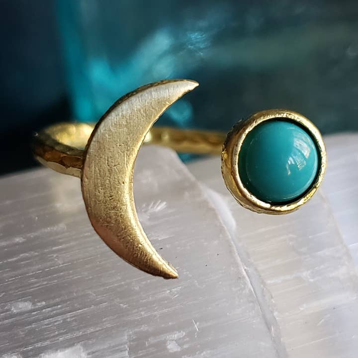 Gemstone Crescent Moon Adjustable Brass Ring for wholesale by Verdilune