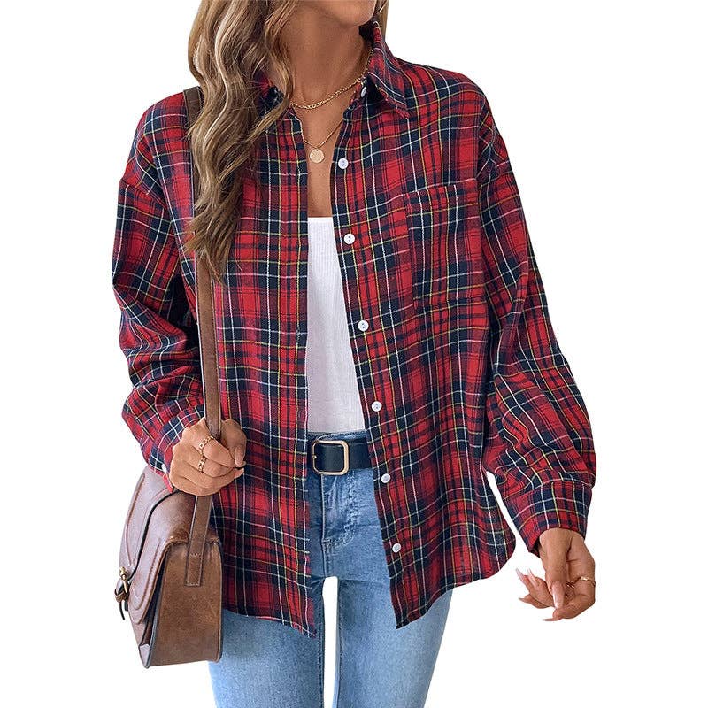 Red Spring and autumn retro lapel plaid shirt women's jacket for wholesale on Faire7