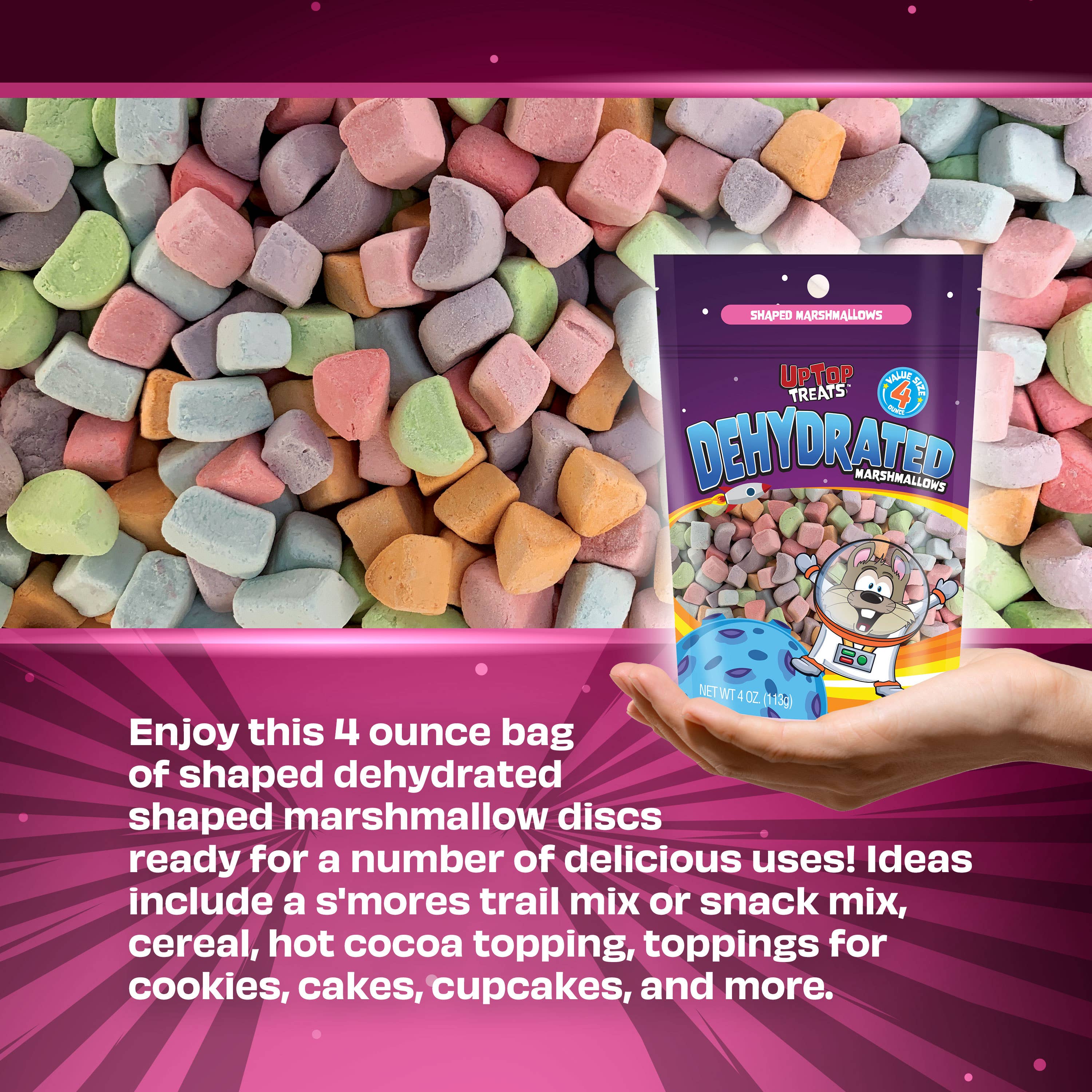 UpTop Treats - Wholesale Marshmallow - Fun Shapes & Colors - Vanilla Dehydrated Marshmallows 4oz2