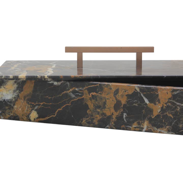 Boîte Rect de 15 po de long avec poignée, marbre noir et doré pour la vente par Marble Crafter