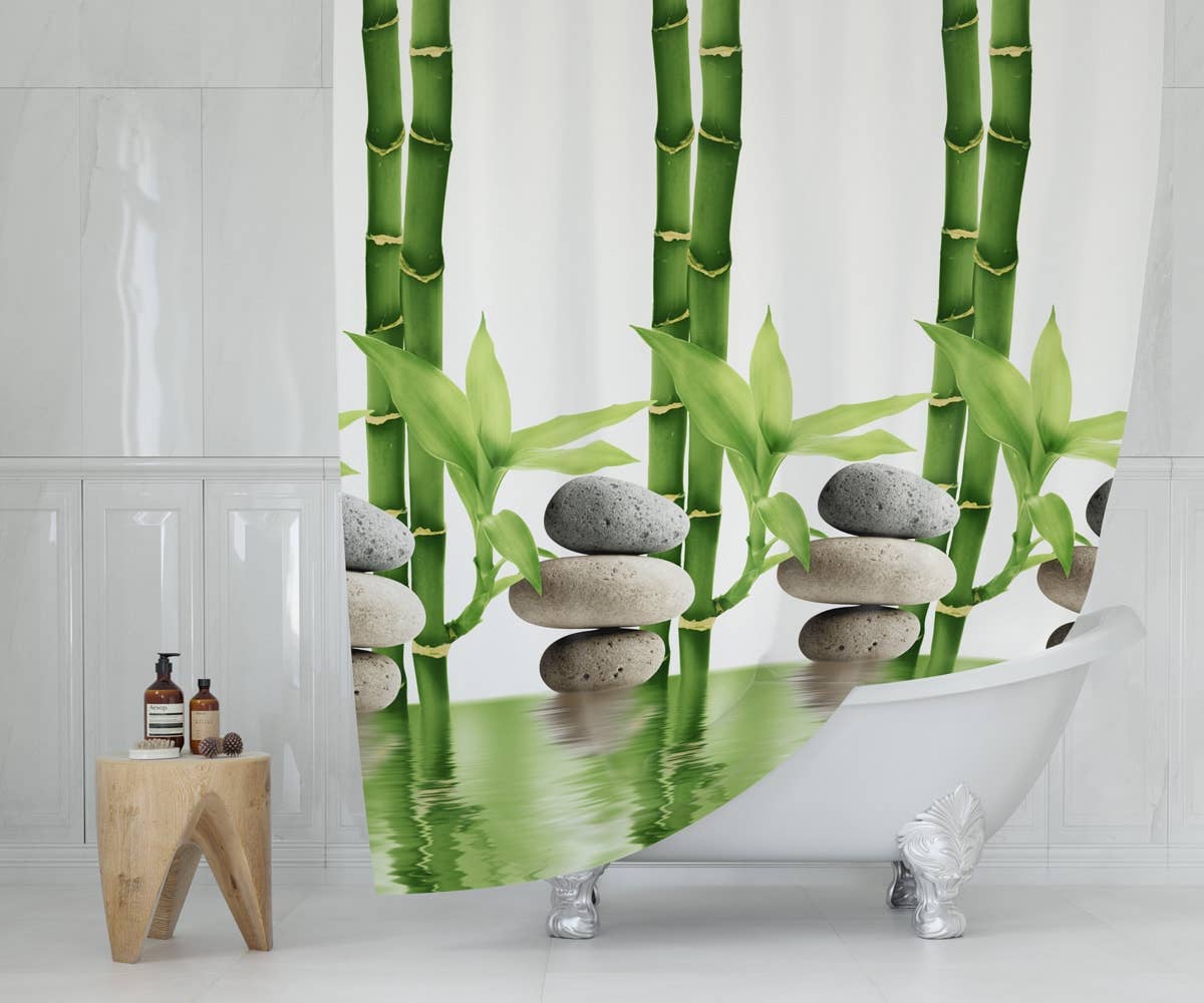 TROPIK HOME - Wholesale Shower Curtain - Bamboo and Stones, Extra Long Fabric Bathroom Shower Curtain1