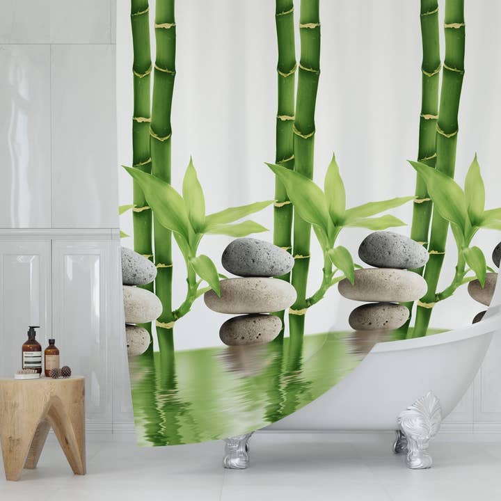 TROPIK HOME - Venta al por mayor Cortinas de ducha - Cortina de ducha de baño de tela extra larga de bambú y piedras1