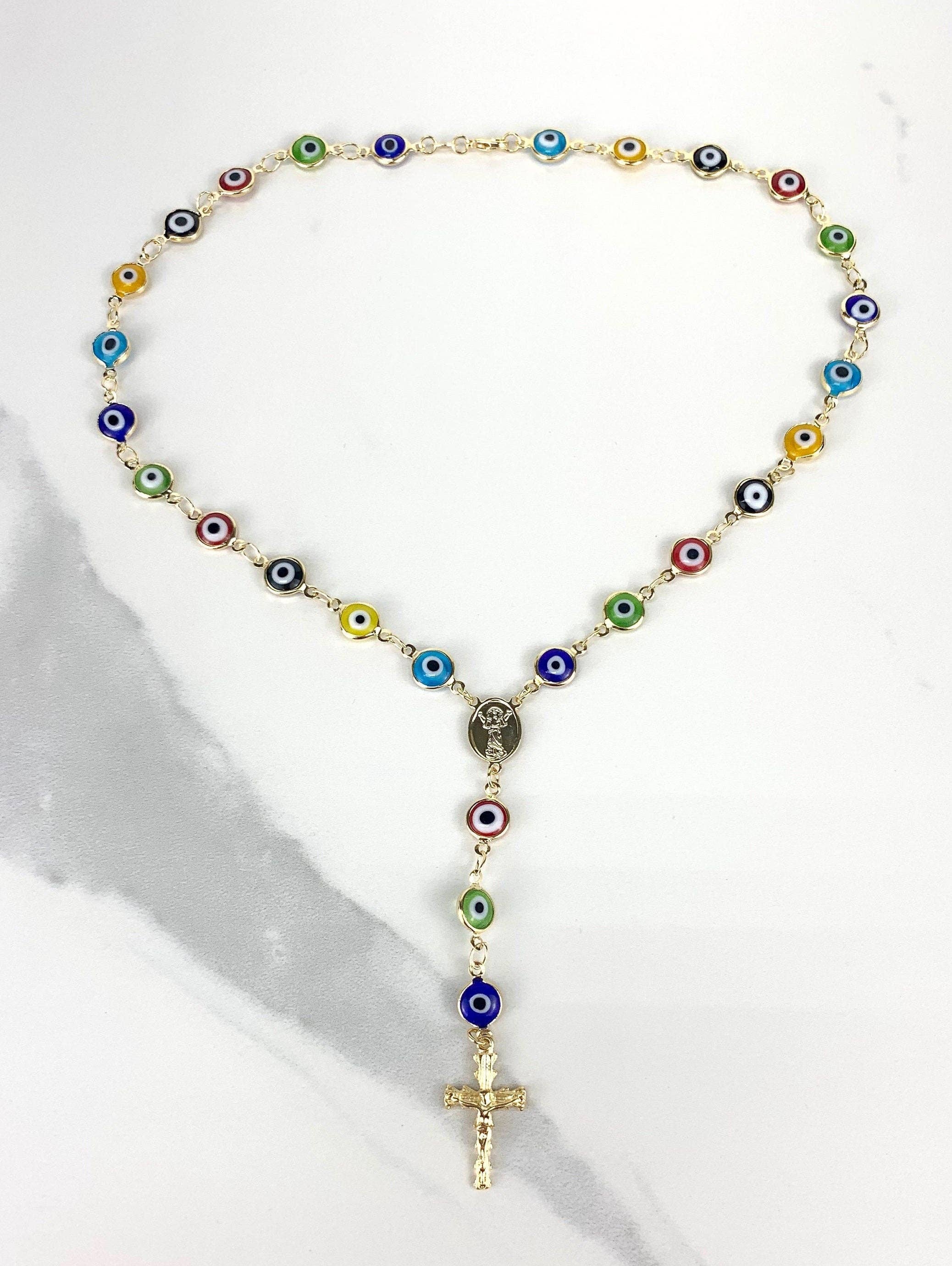 Luxus Accessories - Vendita all'ingrosso Collane a grani - Rosario a forma di divino bambino con occhi greci colorati riempiti in oro 18 carati o Br1