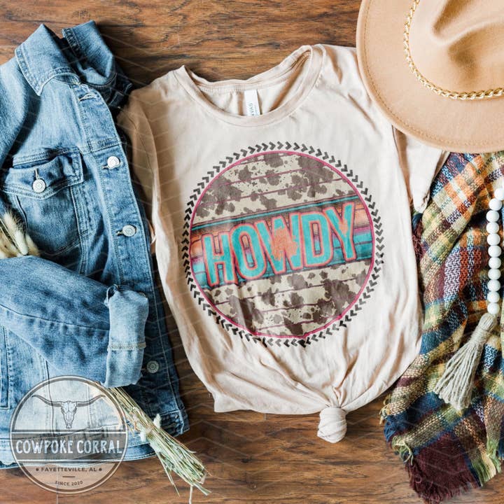 Howdy Cow Print Serape Tee for wholesale by Cowpoke Corral