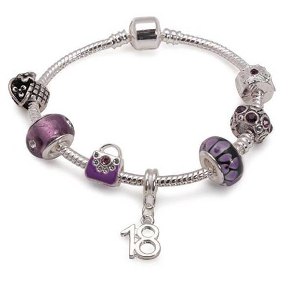 Age 18 'Purple Fleur' Silver Plated Charm Bead Bracelet for wholesale by Liberty Charms