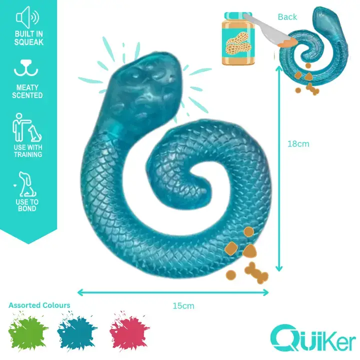 Quiker Pet Products - Vendita all'ingrosso Giocattoli sonori per animali - Cani - Giocattolo per cani a forma di serpente con sorpresa e trattamento avvolto in TPR carnoso - Confezione da 3 pezzi2