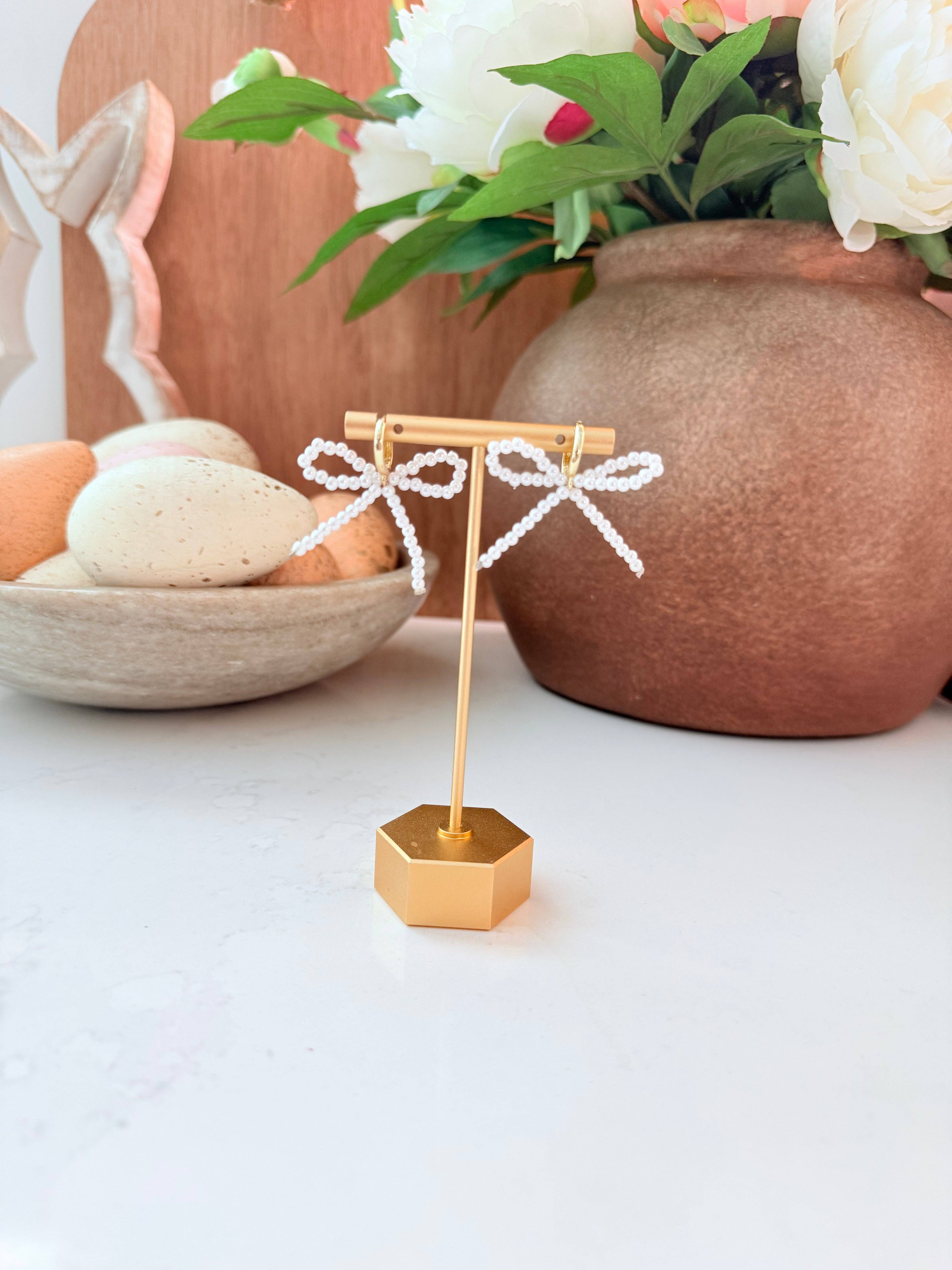 Southern Designs by Kristy - Wholesale Huggie Earrings - Pearl Ribbon Bow Huggie Hoops0