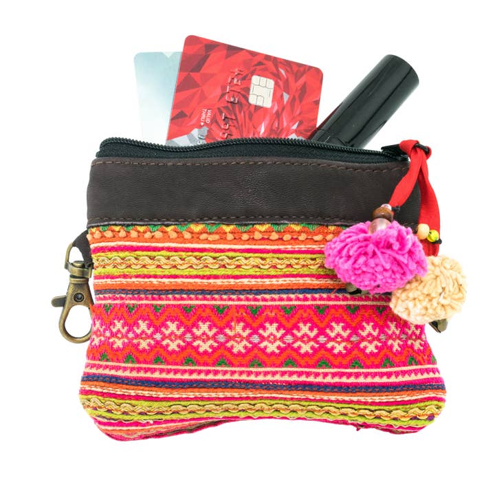 Leather Vintage Upcycled Hmong Textile Coin Purse - Thailand for wholesale by Lumily