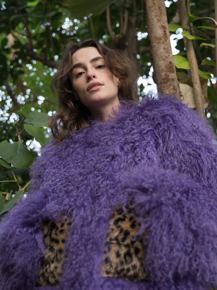 Veste en peau de mouton Leopard Violet pour la vente par Pellobello