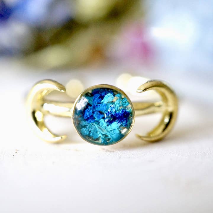Ann + Joy - Wholesale Cocktail/Statement Ring - Real Pressed Flower and Resin Ring, Gold Moons in Blue and Teal1