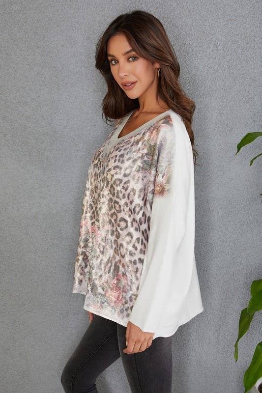 VENTI6 – Großhandel Strickpullover – Damen – LEOPARDEN-/BLUMENMUSTER V-AUSSCHNITT PULLOVER (8235-LEOPARDFLORAL)1