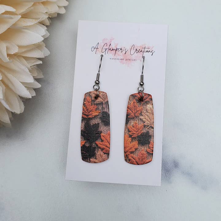 A Glamper's Creations LLC - Wholesale Dangle Earrings - Fall Embroidered Leaves Mini Bar Leather Earrings3