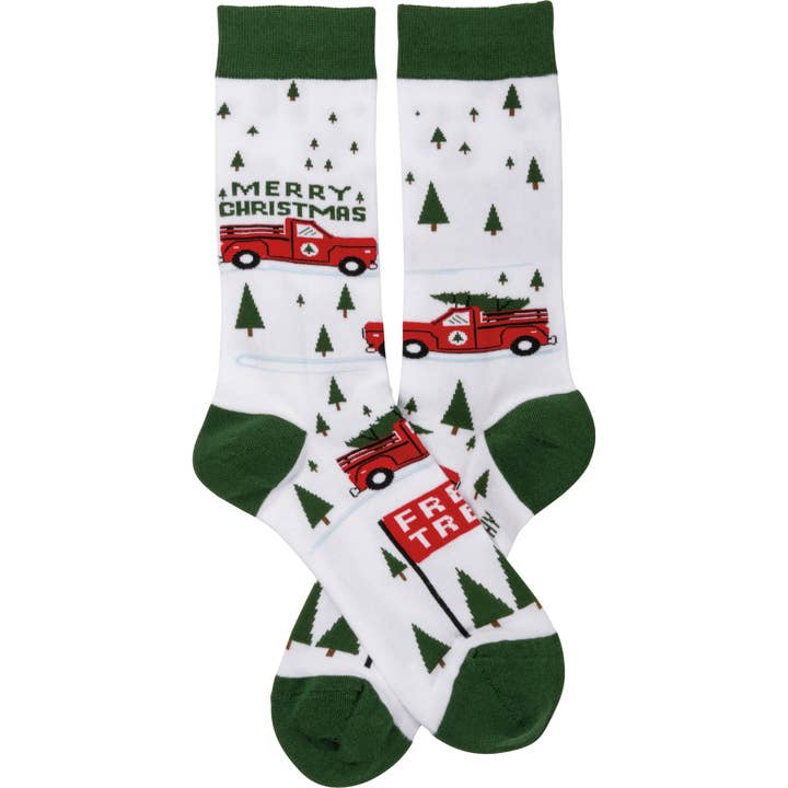 Primitives by Kathy - Wholesale Socks - Unisex - Truck And Tree Merry Christmas Socks