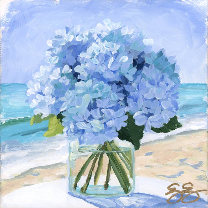 No. 478 Blue hydrangeas at the beach, a fine art print on paper for wholesale by Elizabeth Alice Studio