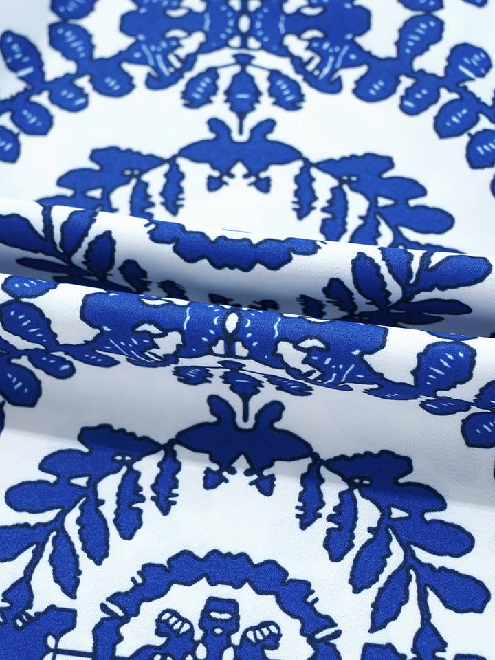 Blue Vintage Print Pintuck Crew Neck Tank Top for wholesale on Faire