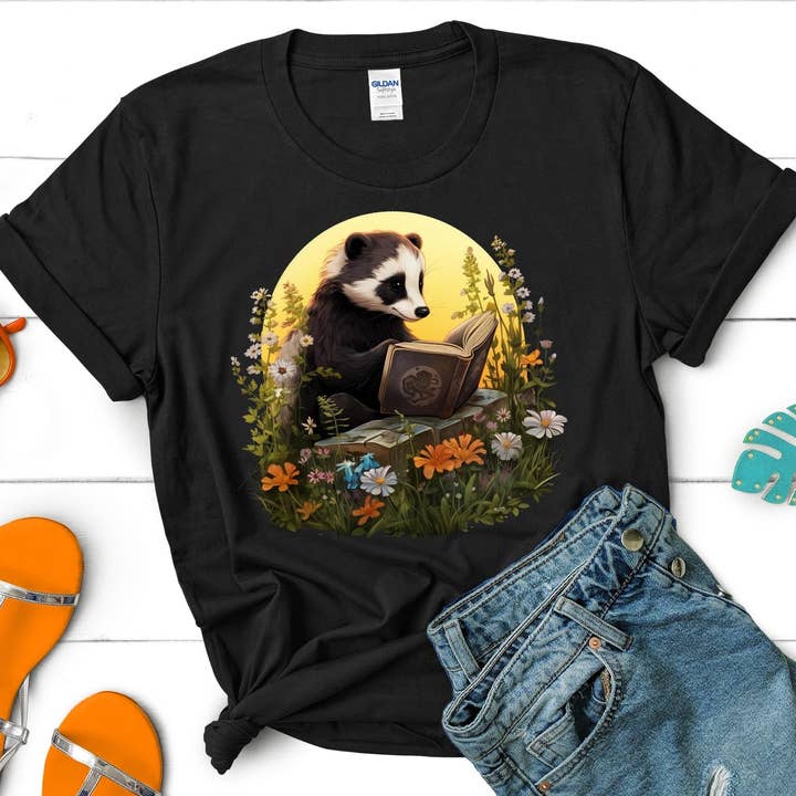 Vivtrek - Wholesale Screen Printed T-Shirt - Women's - Badger Reading Book Cottagecore Wildflower Library T-Shirt