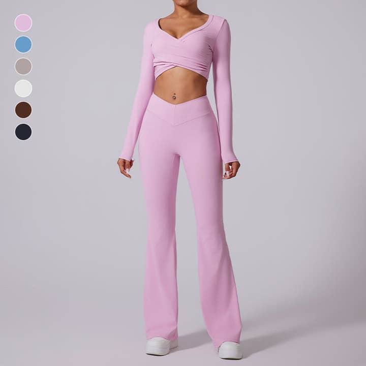 cross long sleeve sports crop top + Flared Leg pants 2-piece set for wholesale by WONDERXFANS